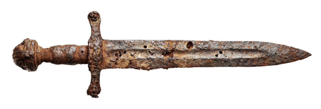 Old rusty sword with pitted blade and corroded hilt, isolated on transparent background, ancient weapon relic, high-resolution detail