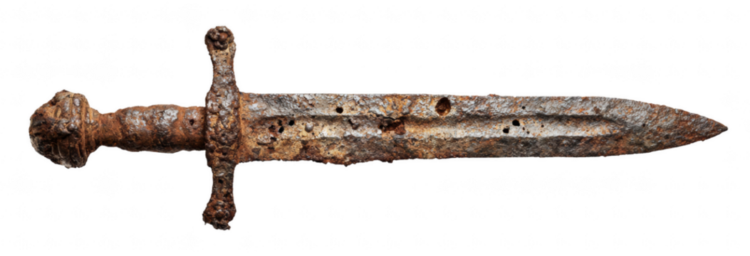 Old rusty sword with pitted blade and corroded hilt, isolated on transparent background, ancient weapon relic, high-resolution detail