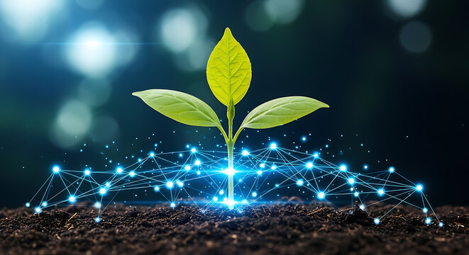 A seedling emerges from soil, connected to a network of glowing nodes, symbolizing growth and technology. - Powered by Adobe