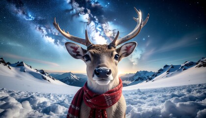 Dramatic Winter Night Scene, Reindeer with Antlers, Snowy Mountain Peaks and Vibrant Celestial Background, Science and Fantasy Art.