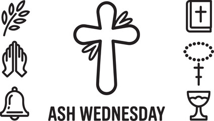 Ash wednesday christian religious vector illustration with cross bible and praying hands outline icons