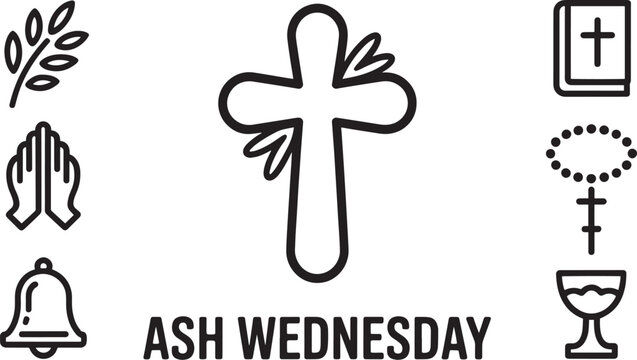 Ash wednesday christian religious vector illustration with cross bible and praying hands outline icons