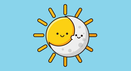 Cute cartoon sun and moon embracing each other on a light blue background.