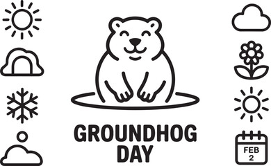 Groundhog day illustration with groundhog seasonal weather and february 2 calendar outline icon