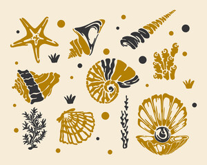 Nautical marine life pattern scallop shell reef background layout textile print art editable
