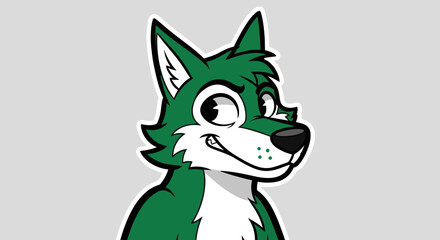 Green wolf cartoon character smiling with white background.