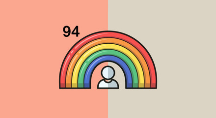 Person silhouette inside a colorful rainbow arc with number 94.