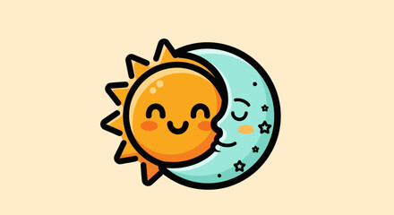 Cute sun and moon embracing each other in a celestial hug.