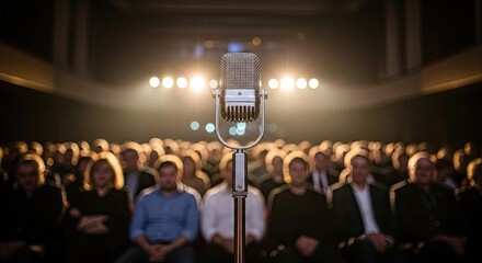 Retro Microphone Stands Ready for a Captivating Performance on a Well-Lit Stage Before an Appreciative Audience