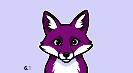 Purple Fox Cartoon Character with White Markings and Green Eyes.