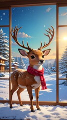 Charming Reindeer Calf with Red Scarf Standing by a Large Window, Vertical Image, Cozy Village View and Bright Winter Sunlight.