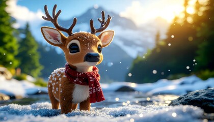 Adorable Fawn or Reindeer Calf Wearing Red Scarf Standing by a Snowy River in the Mountains, Bright Sunlight and Falling Snowflakes.