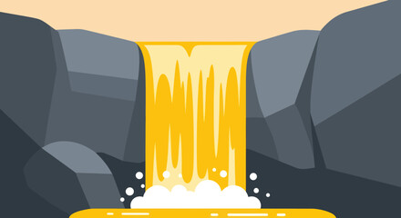 Golden Waterfall Flowing Between Dark Rocks Illustration.