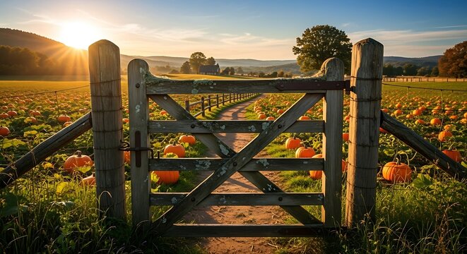 Autumn's Embrace Scenic Fall Background with Pumpkin Patch at Sunset