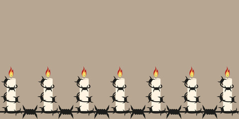 Vector empty Frame from burning candle and razor wire. Vector illustration Holocaust Day banner with candle empty space for text. ePS 10