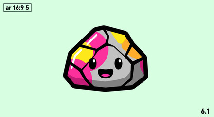 Cute cartoon gemstone with a happy face and colorful facets, a delightful character.