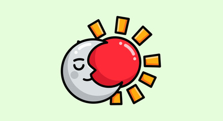 Cute Cartoon Sun and Moon Embracing Each Other in a Playful Illustration.