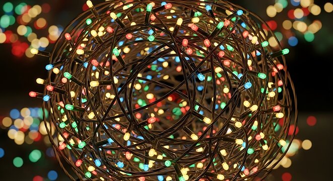 A dense cluster of colorful christmas lights creates a festive and magical spherical display with bokeh effects in the background