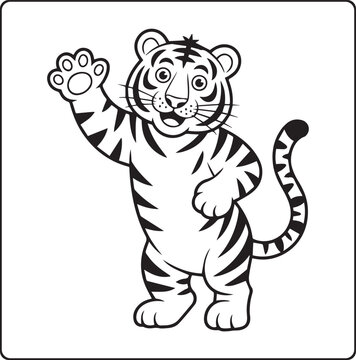 Cute tiger raise hand and say something black outline vector illustration coloring book for kids