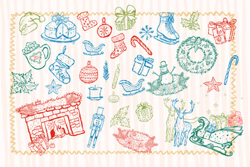 Hand-drawn Christmas doodle elements set. Vector sketch collection of holiday icons and decorations (Santa, trees, gifts, snowflakes). Perfect for pattern and design.