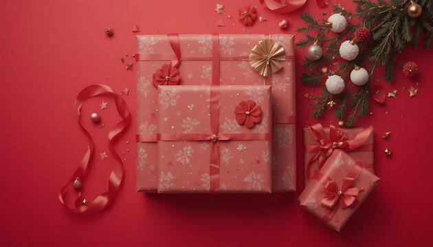 Festive Christmas Gift Boxes with Red Wrapping and Decorations on Red Background