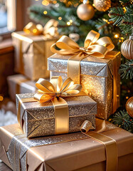Holiday gifts in shiny gold and silver packaging are neatly arranged under the tree. Bright ribbons, sparkling lights, and Christmas decorations create an atmosphere of warmth, comfort