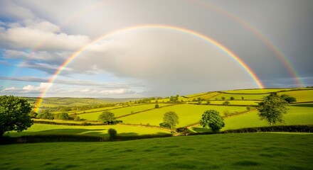 Vibrant double rainbow arches over lush green rolling hills after a refreshing rain shower
