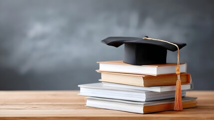 Symbolic still life composition of a graduation cap and tassel atop a pile of educational books on a wooden surface representing higher education learning and success