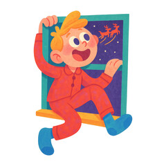 PNG Excited child sees Santa's sleigh.