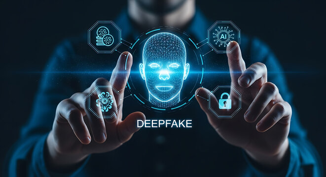Person interacts with a digital deepfake interface showing ai, manipulated data, and cybersecurity, illustrating the dangers of technology and misinformation.