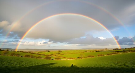 Obraz premium A breathtaking double rainbow majestically spans across a vibrant green rural landscape under a dramatic, cloudy sky, showcasing nature's spectacular post-storm beauty