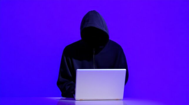 A mysterious figure wears a dark hood while typing on a laptop in a dimly lit space. The striking blue background enhances the secrecy of the moment, evoking a sense of intrigue and tension
