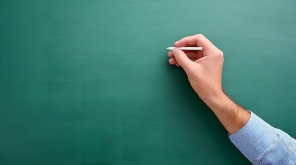A person s hand grips a piece of chalk ready to write on a blank green chalkboard symbolizing creativity education and business planning