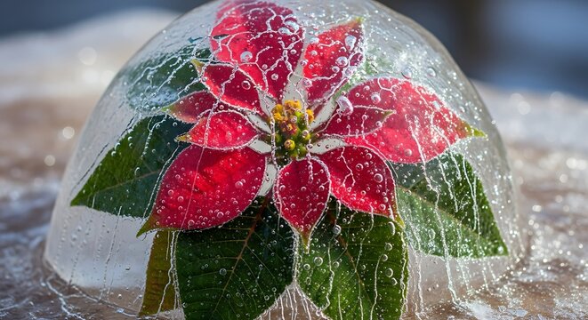 A vibrant red poinsettia flower encased in clear ice showcasing delicate frozen textures and winter s artistic touch