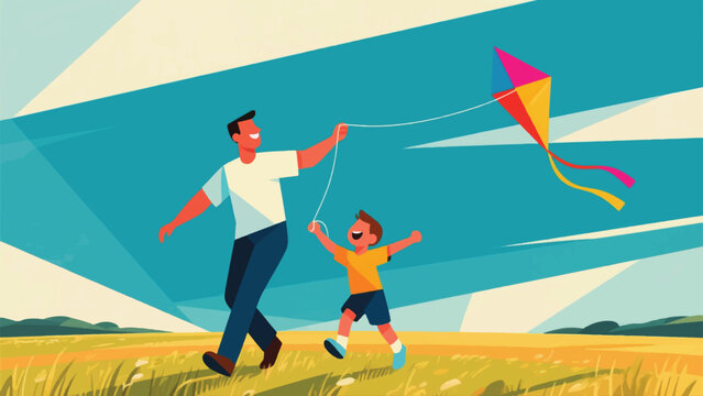 Illustration Of A Father And Son Playing A Kite Vector Design Template