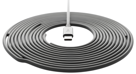 Rolled up usb c cable with connector hanging in the center against a transparent background