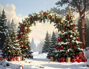 The winter forest is decorated with a Christmas arch of spruce branches, berries, and decorations. Decorated trees and gifts in the snow line both sides. The calm, sunny weather creates a festive atmo