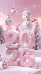 A 3D New Year's sign with the number 2026, decorated with Christmas tree decorations and a snowman, all in pink tones.