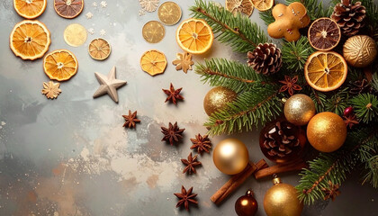 The image shows a New Year's composition: fir branches, golden baubles, pine cones, dried oranges, anise, and glittering stars. Warm lights create a cozy, festive atmosphere against the textured surfa