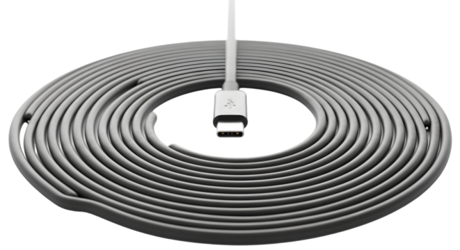 Rolled up usb c cable with connector hanging in the center against a transparent background