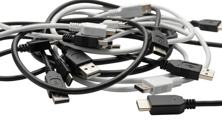 Tangled mess of various usb cables and connectors on a transparent background