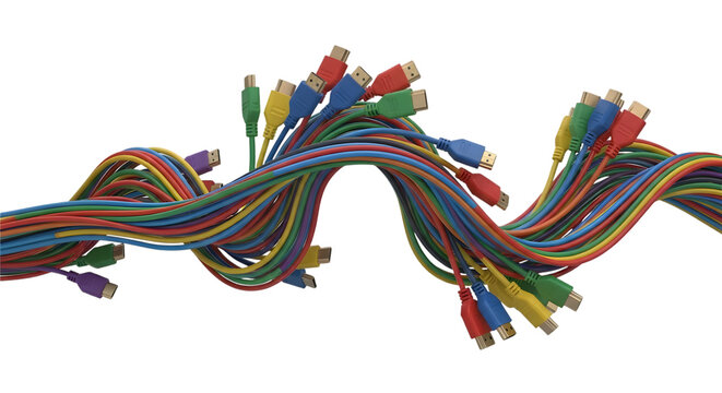 Colorful tangled computer cables and wires with connectors against a transparent background