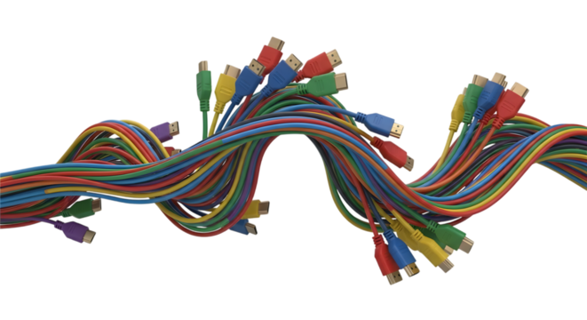 Colorful tangled computer cables and wires with connectors against a transparent background - Powered by Adobe