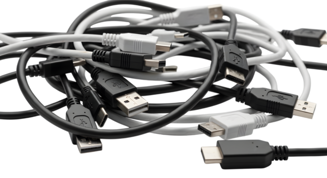 Tangled mess of various usb cables and connectors on a transparent background