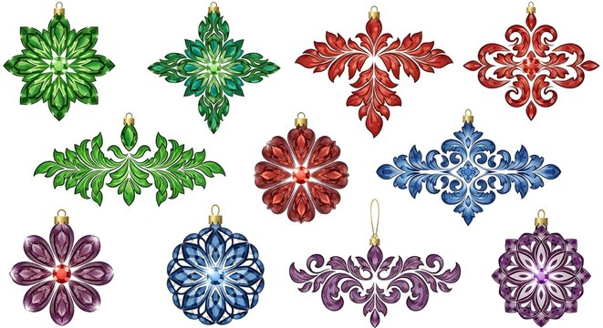 A collection of colorful, intricately designed Christmas ornaments in various shapes and patterns, hanging from gold loops against a plain white background.
