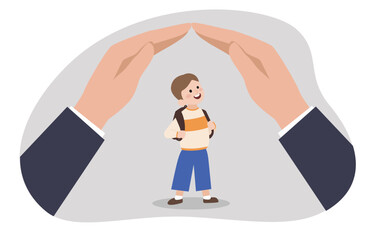 A child standing between two hands forming a protective roof-like shape above them. It symbolizes protection, care, and safety for children.