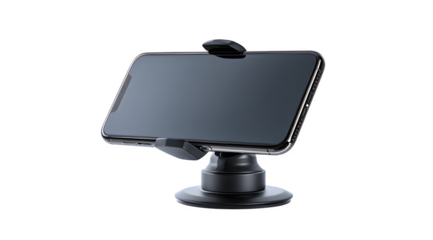 Modern smartphone securely mounted in a universal car phone holder with a sturdy suction cup base, isolated on white.