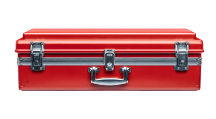 Bright red metal strongbox or portable storage case with chrome latches and handle on isolated background
