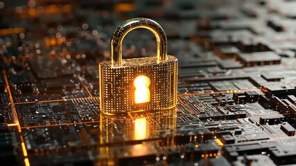Digital padlock symbolizing cybersecurity on a circuit board with glowing elements in a tech environment - Powered by Adobe