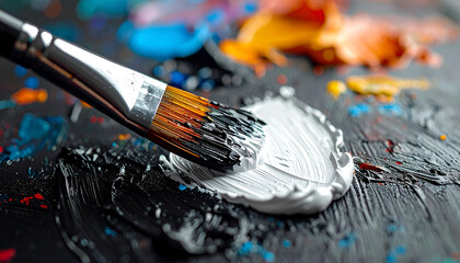 Paintbrush dipped in thick oil paint on colorful palette, rich textures of black and white pigments